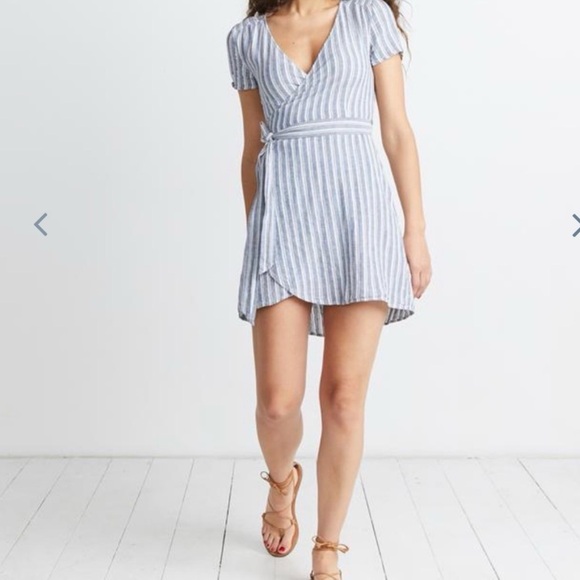 Marine Layer Frances Wrap Dress Blue Stripe White Linen Blend Tie Waist Womens M - Picture 7 of 13
